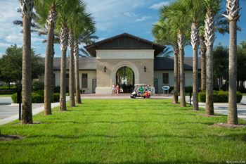 Gated entrance with archway and palm tree landscaping